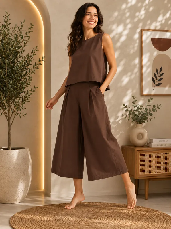 Women_Minimalist_Brown_Cotton-Look_Sleeveless_Top_&_Wide-Leg_Trouser_Co-ord_Set