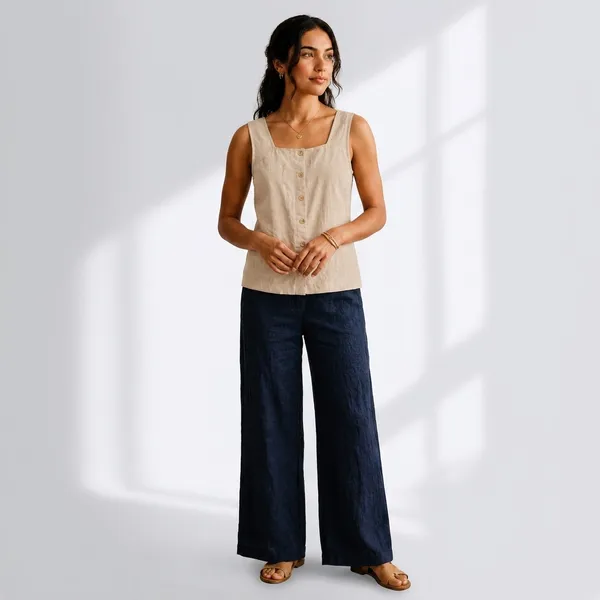 Beige_Navy_Cotton_Relaxed_Fit_Sleeveless_Top_Wide-Leg_Pants_Set_For_Women