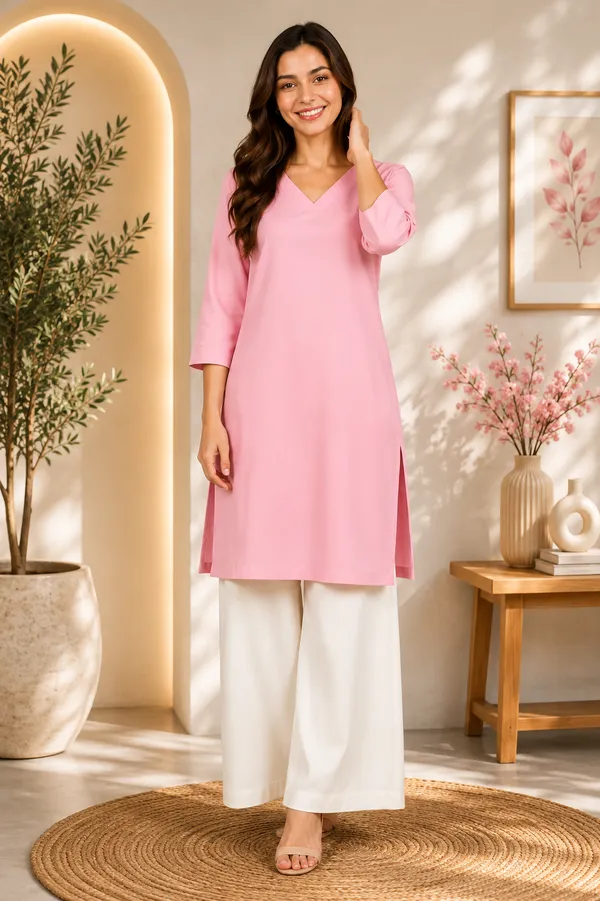 Women_Cotton_3/4th_Sleeve_Straight_Kurti_�_Casual_Everyday_Wear