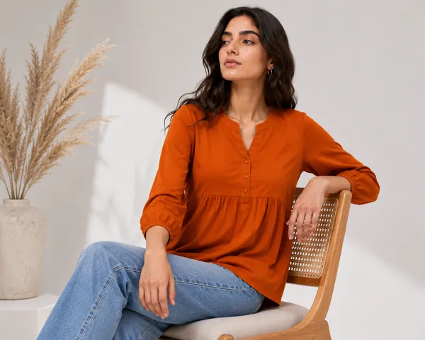 Orange_Cotton_Relaxed_Fit_Button_Front_Peplum_Top_For_Women