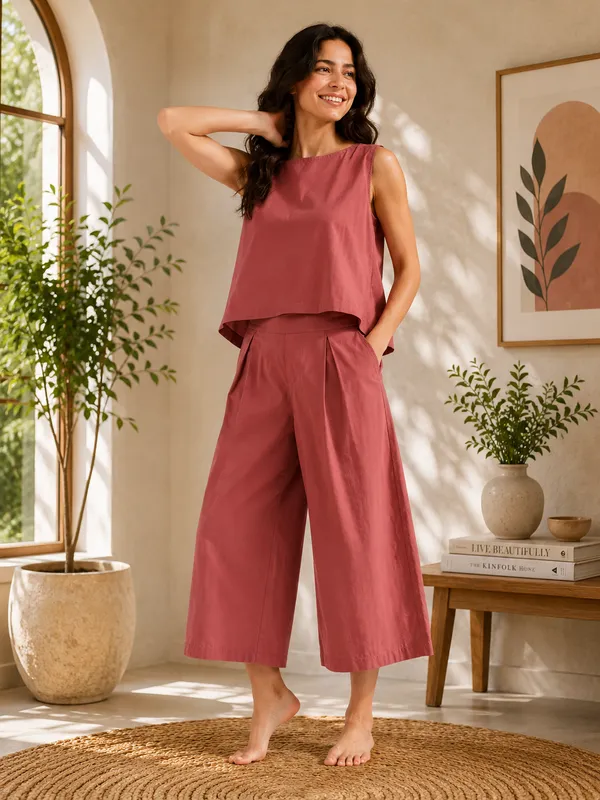 Women_Minimalist_Coral_Red_Cotton-Look_Sleeveless_Top_&_Wide-Leg_Trouser_Co-ord_Set