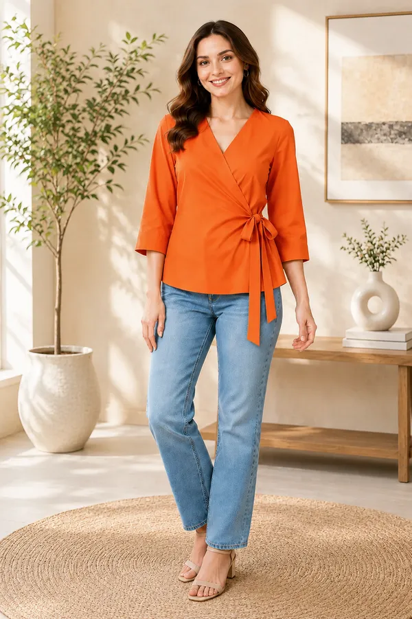 Women's_OrangePink_V-Neck_Wrap_Top_with_Side_Bow_Detail