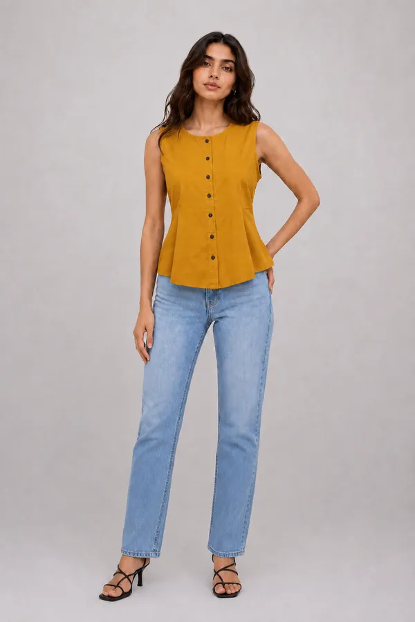 Women's_Mustard_Yellow_Sleeveless_Round_Neck_Button-Front_Peplum_Top
