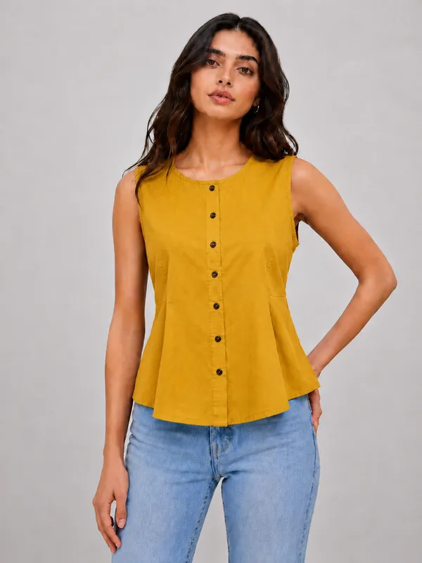 Women's_Mustard_Yellow_Sleeveless_Round_Neck_Button-Front_Peplum_Top