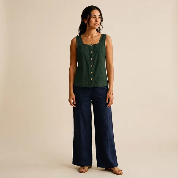 Green_Cotton_Sleeveless_Button_Front_Top_For_Women