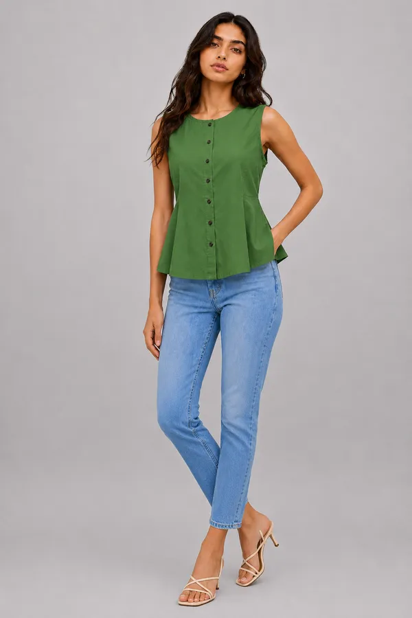 Women's_Olive_Green_Sleeveless_Round_Neck_Button-Front_Peplum_Top