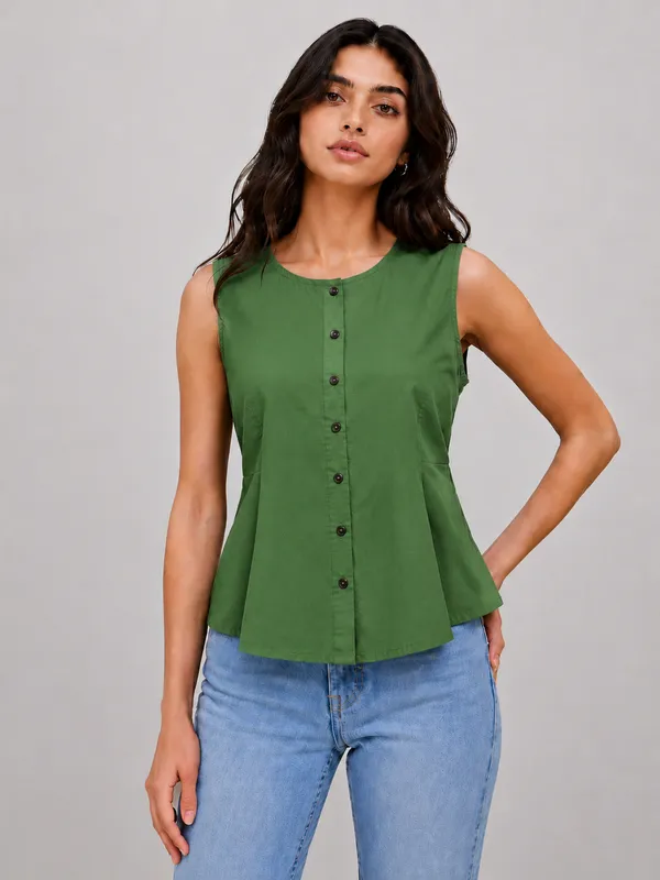 Women's_Olive_Green_Sleeveless_Round_Neck_Button-Front_Peplum_Top