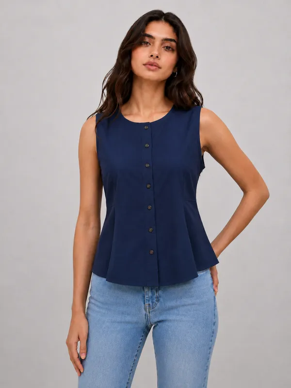Women's_Dark_Blue_Sleeveless_Round_Neck_Button-Front_Peplum_Top