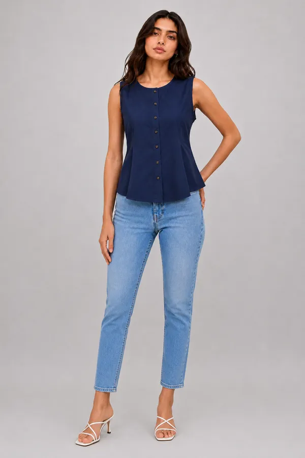Women's_Dark_Blue_Sleeveless_Round_Neck_Button-Front_Peplum_Top