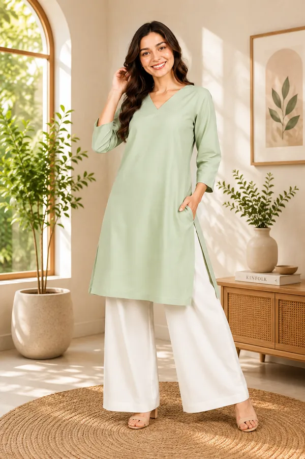 Women_Cotton_3/4th_Sleeve_Straight_Kurti_�_Casual_Everyday_Wear
