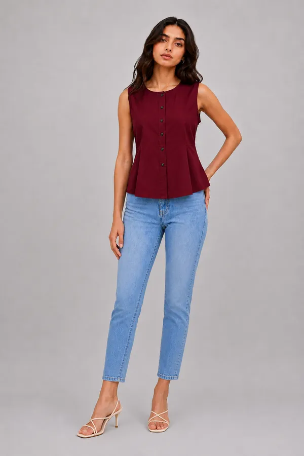 Women's_Maroon_Sleeveless_Round_Neck_Button-Front_Peplum_Top