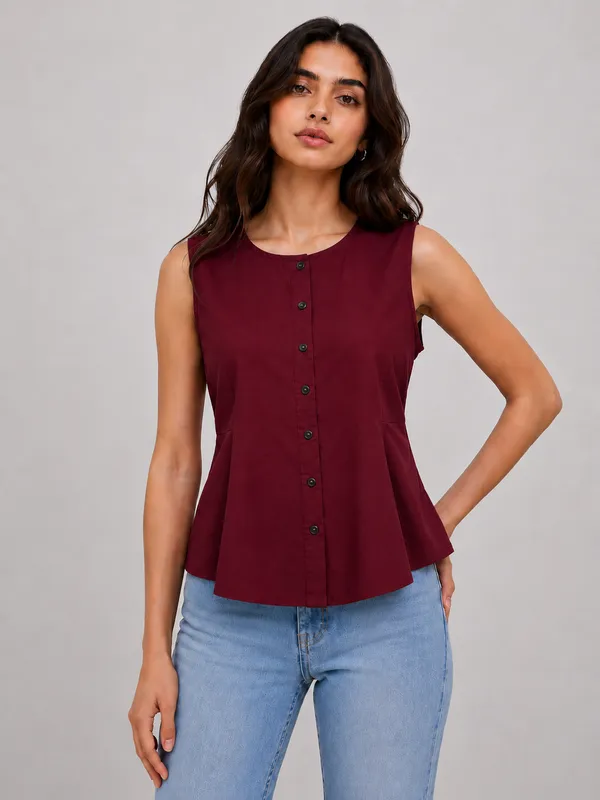 Women's_Maroon_Sleeveless_Round_Neck_Button-Front_Peplum_Top
