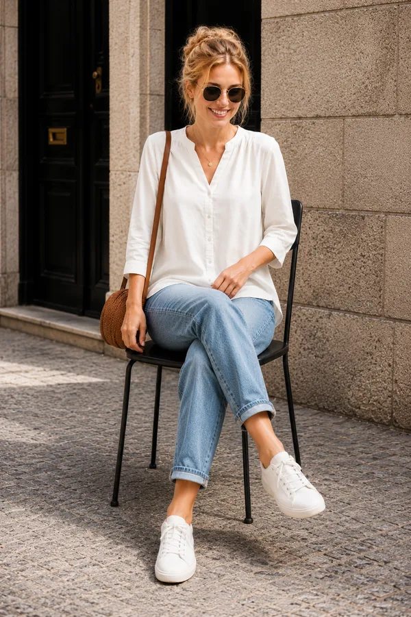 White_Cotton_Relaxed_Fit_V-Neck_Blouse_For_Women