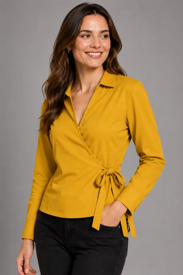Women_Solid_Wrap_Top_V-Neck_Long_Sleeve_Side_Tie-Up_Casual_&_Workwear_Top