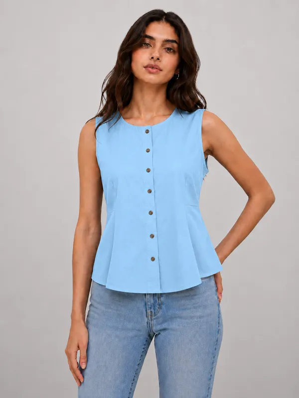 Women's_Sky_Blue_Sleeveless_Button-Front_Peplum_Top