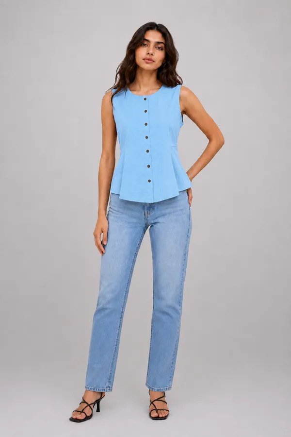 Women's_Sky_Blue_Sleeveless_Button-Front_Peplum_Top