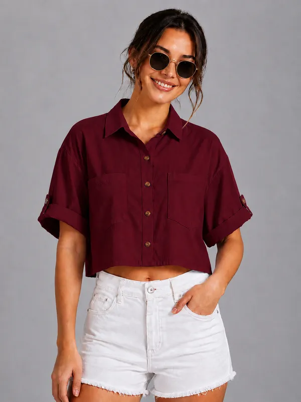 Women_Solid_Maroon_Button-Down_Crop_Shirt_with__Folded_Sleeves_�_Smart_Casual_Wear