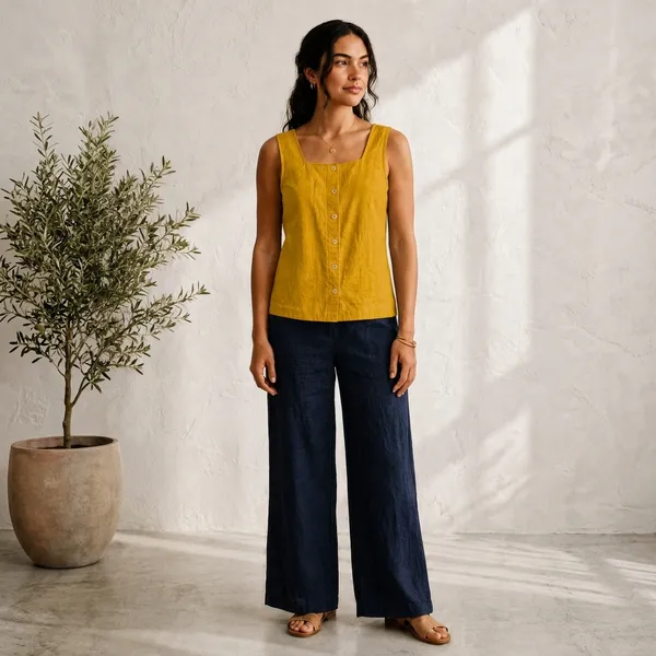 Mustard_Cotton_Sleeveless_Button_Front_Top_For_Women