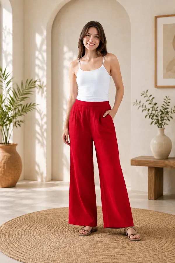Women�s_Breathable_Red_Color_Cotton_Wide_Leg_Pants_�_Relaxed_Fit_Lounge_&_Casual_Trousers
