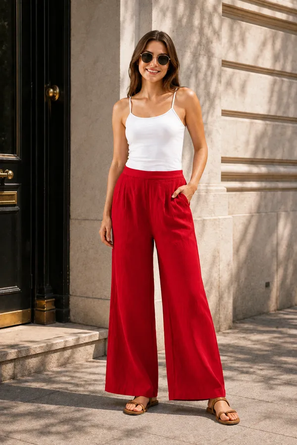 Women�s_Breathable_Red_Color_Cotton_Wide_Leg_Pants_�_Relaxed_Fit_Lounge_&_Casual_Trousers