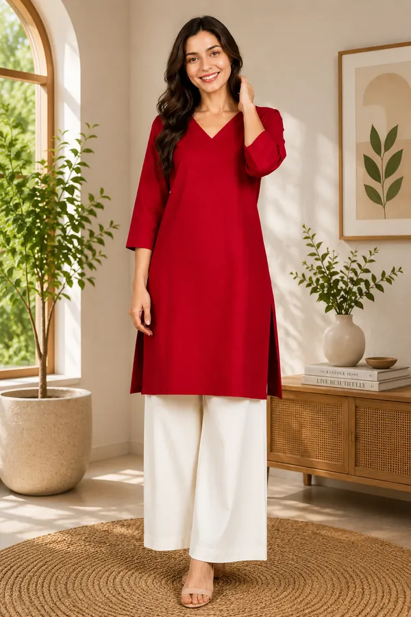 Women_Cotton_3/4th_Sleeve_Straight_Kurti_�_Casual_Everyday_Wear