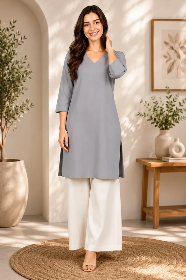 Women_Cotton_3/4th_Sleeve_Straight_Kurti_�_Casual_Everyday_Wear