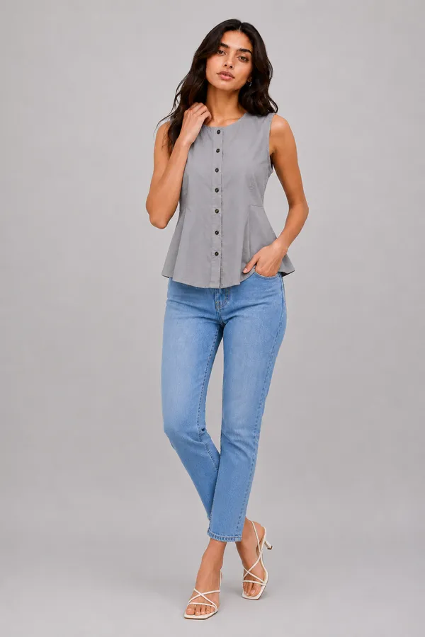 Women's_Grey_Sleeveless_Button-Down_Peplum_Top