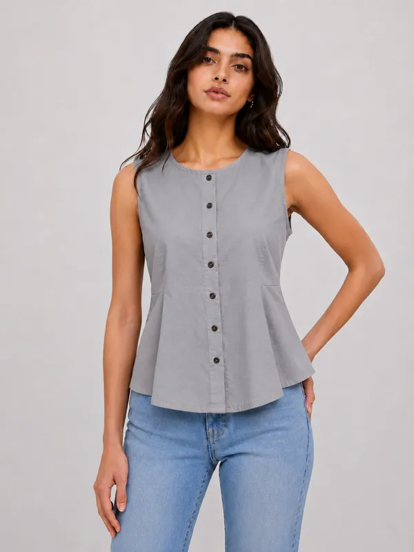 Women's_Grey_Sleeveless_Button-Down_Peplum_Top