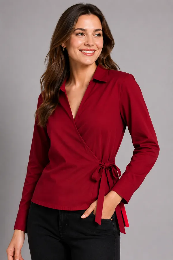 Women_Solid_Wrap_Top_V-Neck_Long_Sleeve_Side_Tie-Up_Casual_&_Workwear_Top