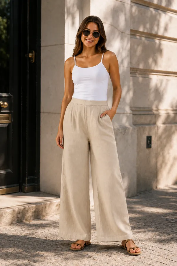 Women�s_Breathable_Beige_Color_Cotton_Wide_Leg_Pants_�_Relaxed_Fit_Lounge_&_Casual_Trousers