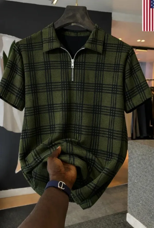 Olive_Plaid_Half-Zip_Polo_Shirt_for_Men
