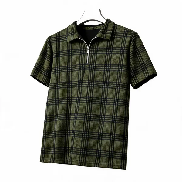 Olive_Cotton_Plaid_Half_Zip_Polo_Shirt_For_Men