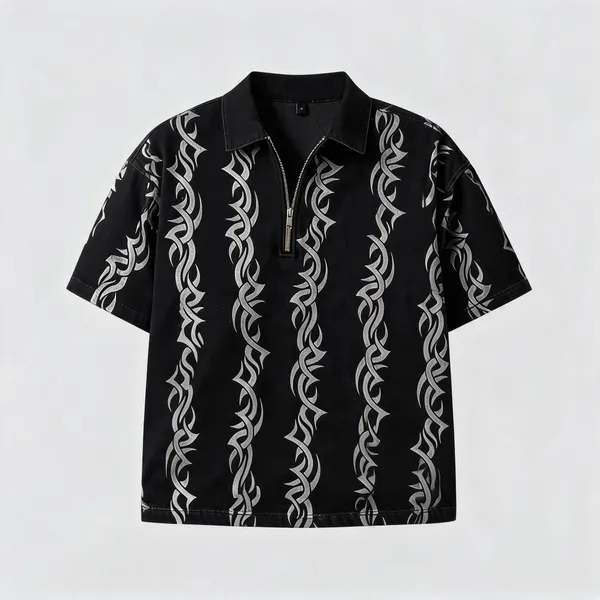 Black_Cotton_Printed_Half_Zip_Short_Sleeve_Shirt_For_Men