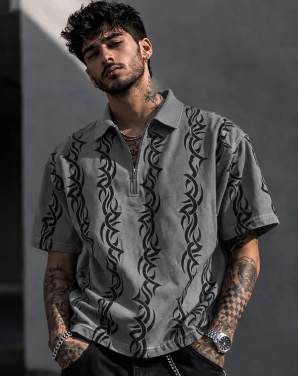 Grey_Printed_Relaxed_Fit_Half-Zip_Polo_Shirt_for_Men