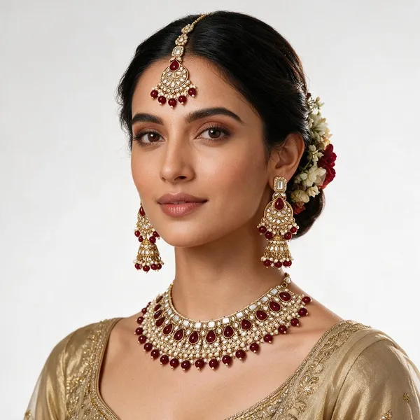 Gold-Tone_Kundan_Maang_Tikka_And_Chandelier_Earrings_Set_For_Women