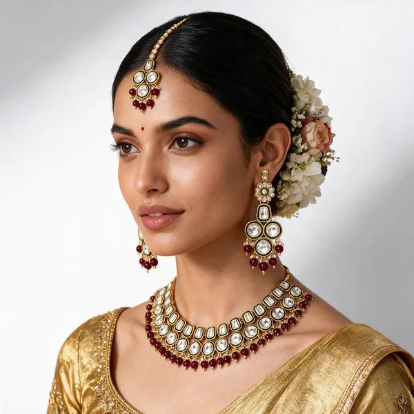 Gold-Tone_Kundan_Maroon_Bead_Maang_Tikka_And_Earrings_Set_For_Women