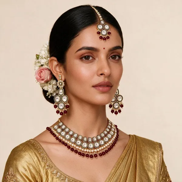 Gold-Tone_Kundan_Maroon_Bead_Maang_Tikka_And_Earrings_Set_For_Women