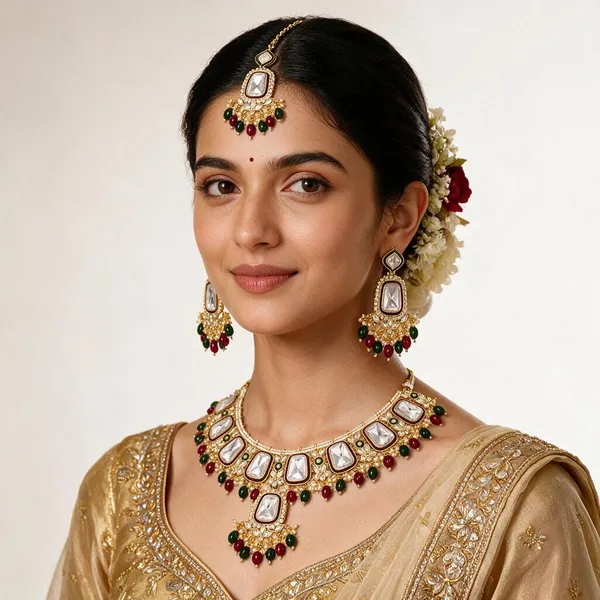 Gold-Tone_Kundan_Green_Maroon_Bead_Floral_Necklace_Set_For_Women