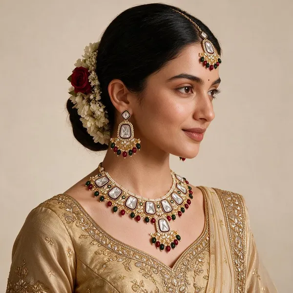 Gold-Tone_Kundan_Green_Maroon_Bead_Floral_Necklace_Set_For_Women