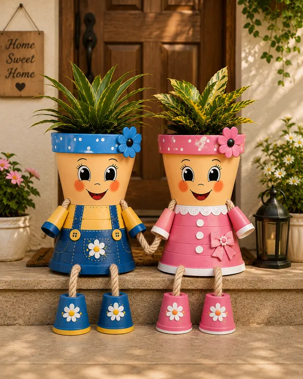 Plastic_Decorative_Handpainted_Floral_Character_Planters_Set_Of_2