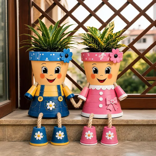 Plastic_Decorative_Handpainted_Floral_Character_Planters_Set_Of_2