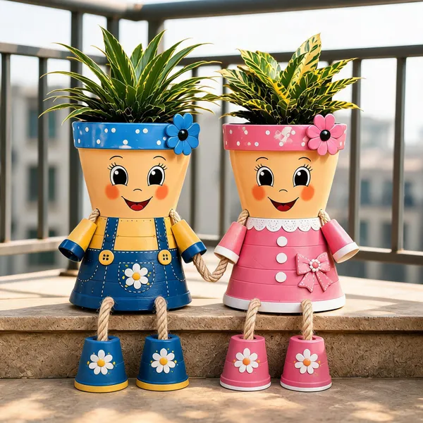 Plastic_Decorative_Handpainted_Floral_Character_Planters_Set_Of_2