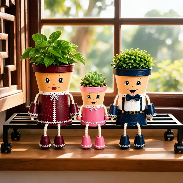 Plastic_Decorative_Character_Planter_Set_Of_3_With_Rolling_Stand