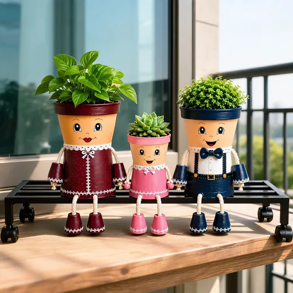 Plastic_Decorative_Character_Planter_Set_Of_3_With_Rolling_Stand