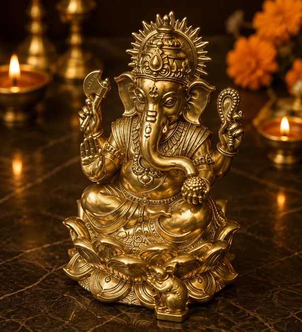 Seated_Ganesha_Brass_Idol,_Gold_Finish