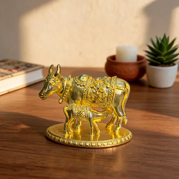 Kamdhenu_Cow_with_Calf_-_Brass_Showpiece,_Gold_Finish