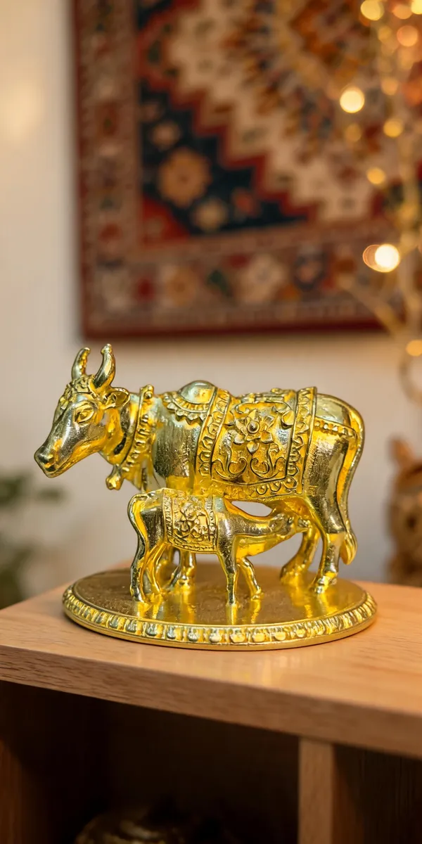 Kamdhenu_Cow_with_Calf_-_Brass_Showpiece,_Gold_Finish