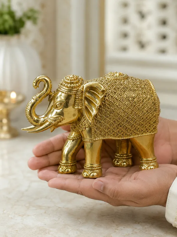 Ornate_Brass_Elephant_(Hathi)_Showpiece,_Gold_Finish