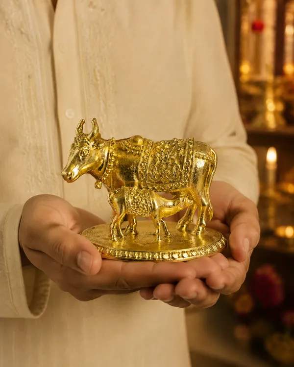 Kamdhenu_Cow_with_Calf_-_Brass_Showpiece,_Gold_Finish