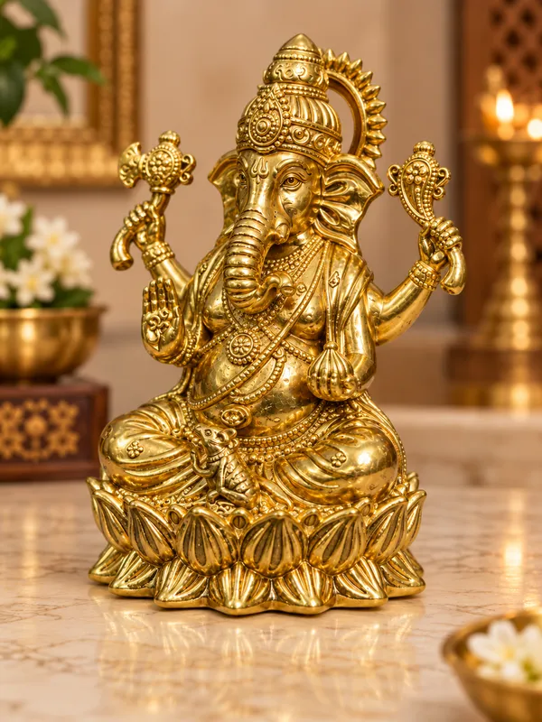 Lord_Ganesha_Seated_on_Lotus_-_Brass_Idol,_Gold_Finish